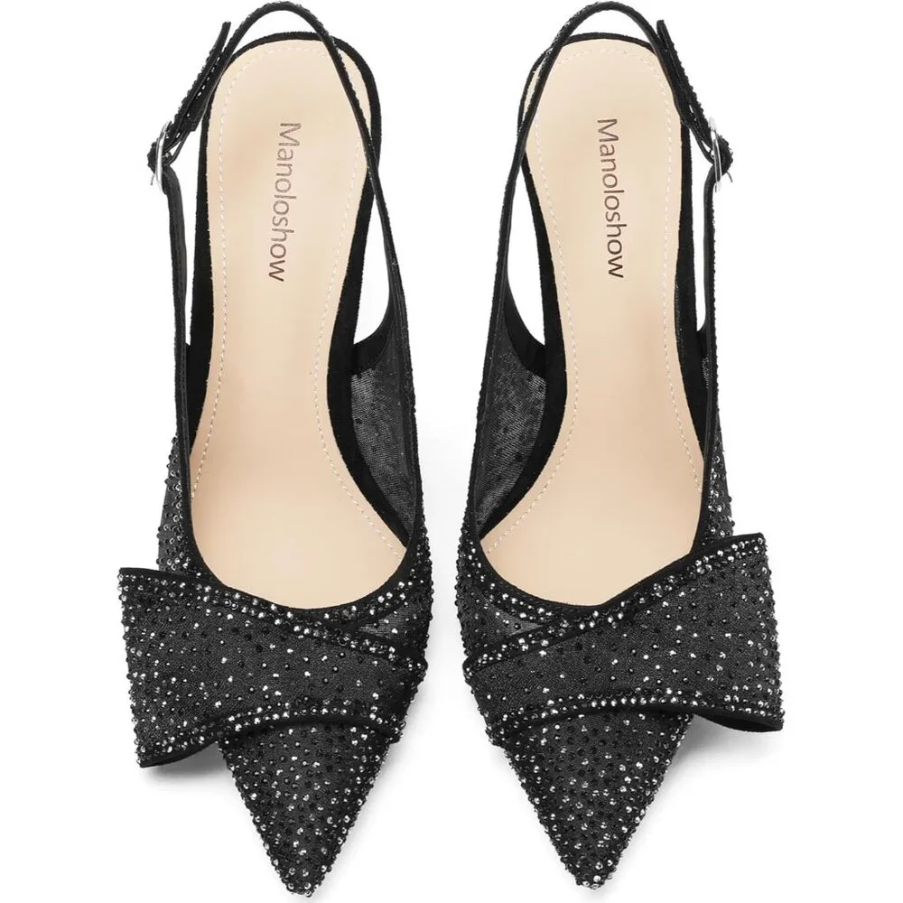 Women's Mesh Black Rhinestone Slingback Elasticated Strap Stylish Heel Pumps - Picture 6 of 6